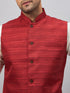 Vastramay Men's Maroon Matka Silk Nehru Jacket With White Silk Blend Kurta Pyjama Set